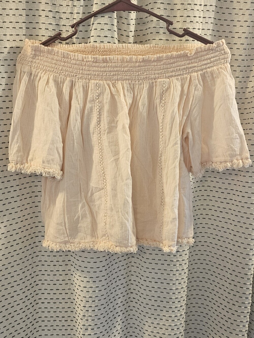 aerie Light Pink Off-Shoulder Fringe-Trim Top